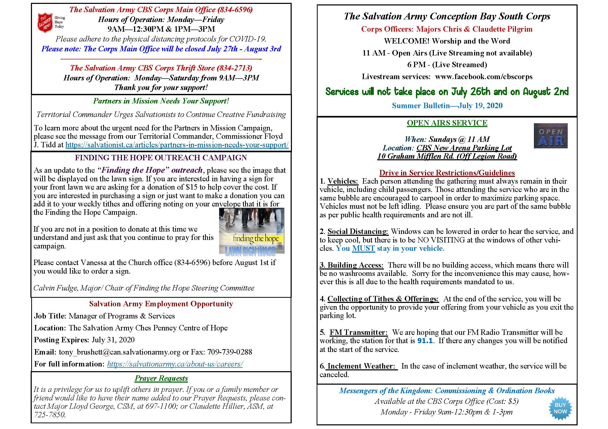 Weekly Bulletin Salvation Army Conception Bay South Corps